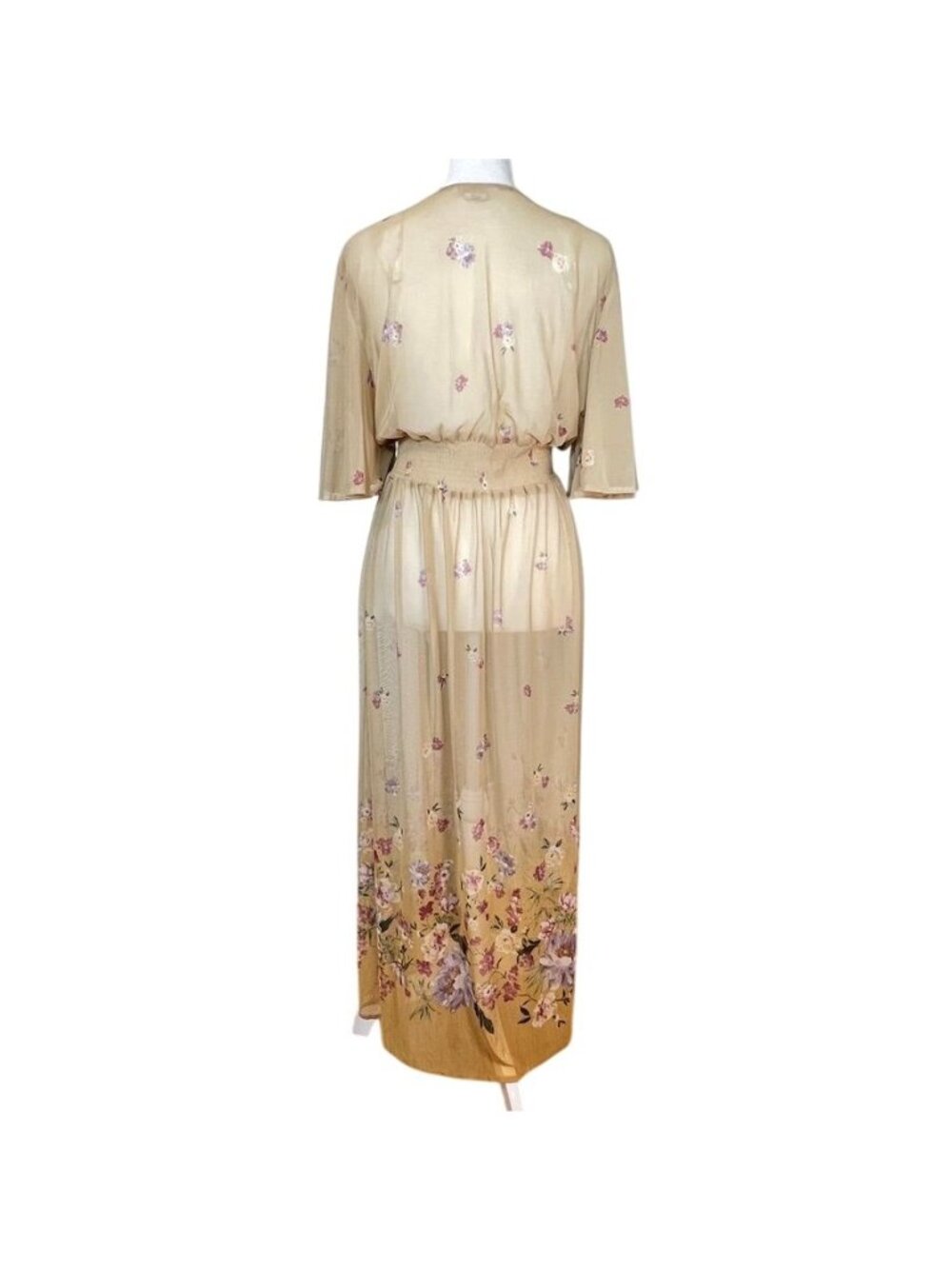 Butter Yellow Sheer Mesh Crochet Kimono Sz XL Maxi Dress Boho Country Garden - Picture 9 of 16